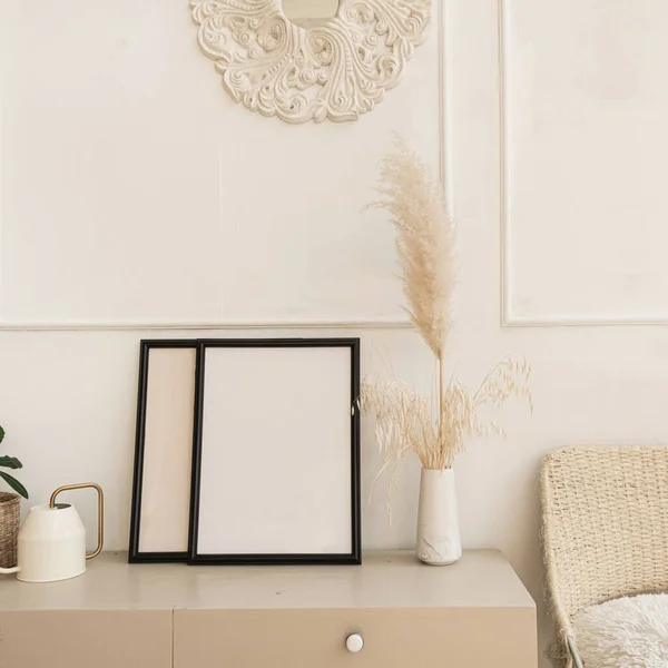 Blank Photo Frame Copy Space Table Fluffy Reeds Pampas Grass — Stock Photo, Image