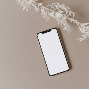 Boş ekran cep telefonu. Tarafsız pastel bej arka planda beyaz çiçek dalı. Düzlük, üst görünüm minimalist yaşam tarzı blogu, web sitesi şablonu. Boşluk modellemesini kopyala.