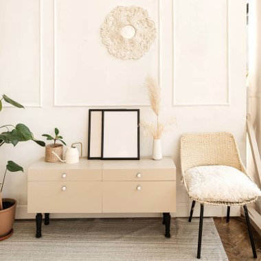 Modern iç tasarım. Rahat çekmeceler, sandalye, ev bitkisi, resim, halı, beyaz duvarlar ile dekore edilmiş şık bir oturma odası. Kiralık minimalist bir daire.