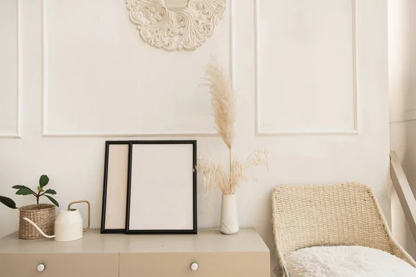 Blank Photo Frame Copy Space Table Fluffy Reeds Pampas Grass — Stock Photo, Image