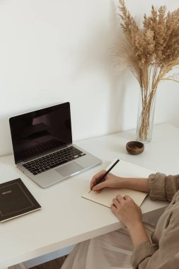 Ev konseptinde çalışmak. Estetik minimalist çalışma alanı geçmişi. Genç bir kadın not defterine notlar yazar. Modern ev iç tasarımı. Kız patron, bayan patron. Laptop, pampas çim buketi masada..