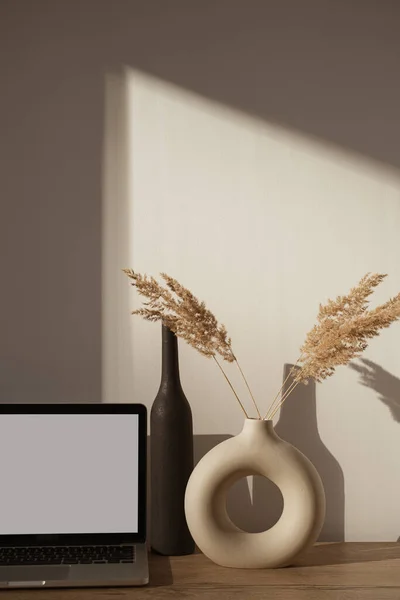 Aesthetic home office desk workspace with sunlight shadows on the wall. Blank screen laptop computer with copy space. Glasses, pampas grass in stylish vase on wooden table. Influencer lifestyle blog