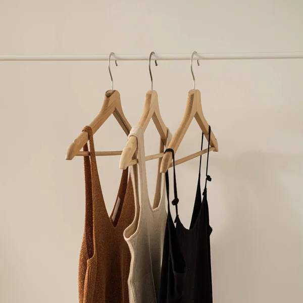 Aesthetic minimalist fashion influencer blog concept. Summer female tops, t-shirts on clothing rack on white wall. Fashion women clothes