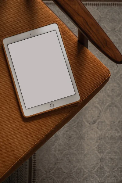 Tablet Schermo Bianco Sedia Vintage Flat Lay Top View Blog — Foto Stock