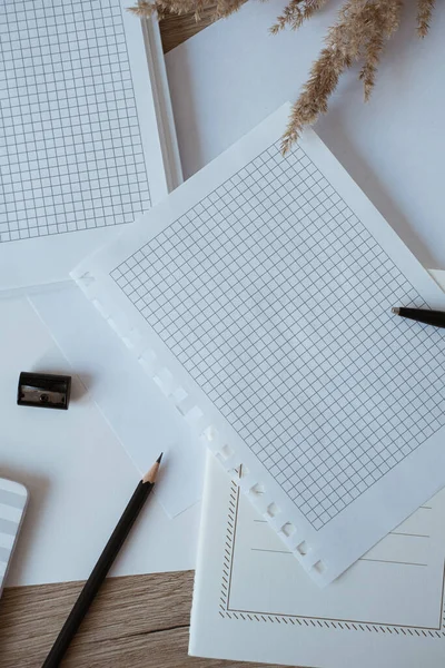 家庭写字台的工作空间 空白的纸片 笔记本 木制背景的潘帕斯草 顶级博客 社交媒体概念 — 图库照片