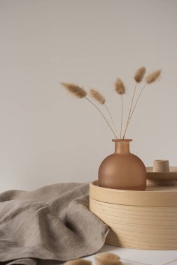 Estetik minimal iç dizayn konsepti. Vazoda tavşan kuyruğu otu, tahta kutu, beyaz arka planda bej battaniye. 