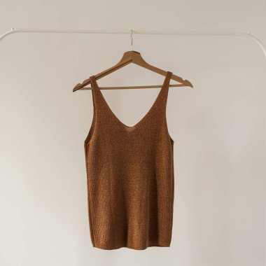 Estetik minimalist moda etkileyicisi blog kompozisyonu. Kahverengi kadın üst rafta beyaz duvara karşı