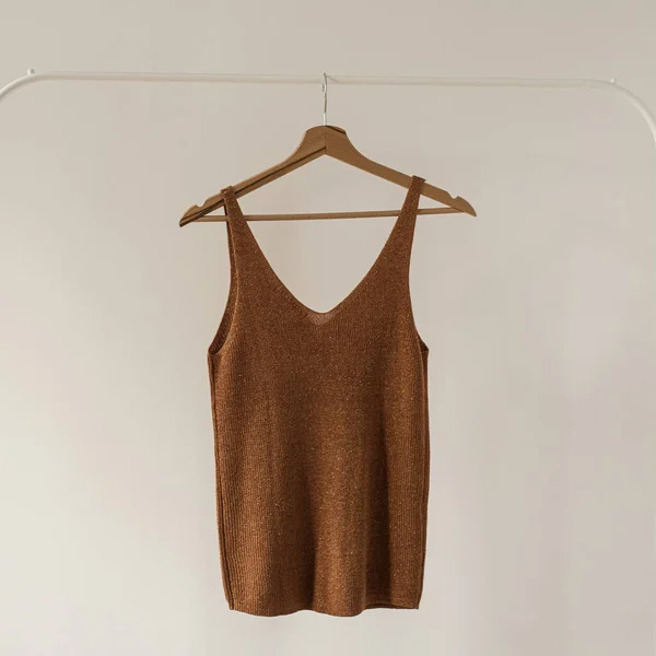 美感简约的时尚影响了博客的写作 衣服架上的褐色女帽靠着白墙 — 图库照片