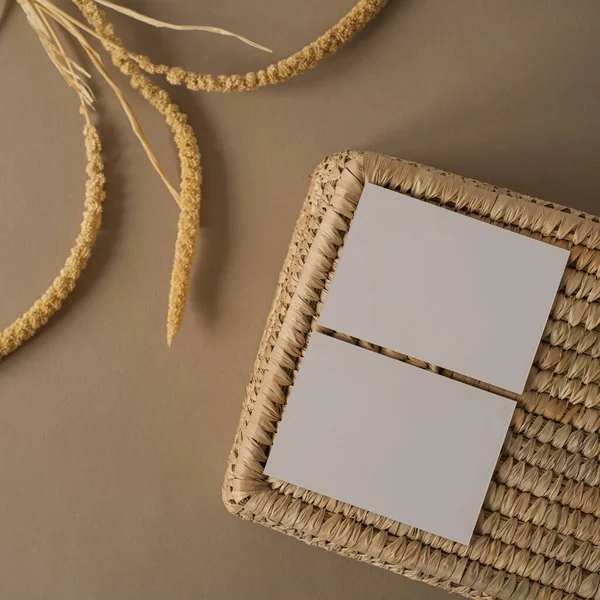 Sahte kopya alanı olan boş kağıt kağıtlar, kuru bitki dalları rattan depolama kutusu. Estetik minimum iş şablonu. Bloglar, web, sosyal medya için düz konum, üst görünüm arkaplanı.