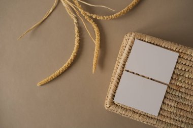 Sahte kopya alanı olan boş kağıt kağıtlar, kuru bitki dalları rattan depolama kutusu. Estetik minimum iş şablonu. Bloglar, web, sosyal medya için düz konum, üst görünüm arkaplanı.