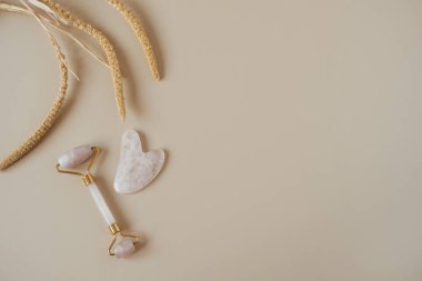 Gua sha masaj silindiri, taş kazıyıcı aleti ve doğal bej arka planda kuru bitki. Düz yatış, üst görünüm estetik cilt bakımı sağIık tedavisi konsepti