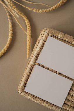 Sahte kopya alanı olan boş kağıt kağıtlar, kuru bitki dalları rattan depolama kutusu. Estetik minimum iş şablonu. Bloglar, web, sosyal medya için düz konum, üst görünüm arkaplanı.