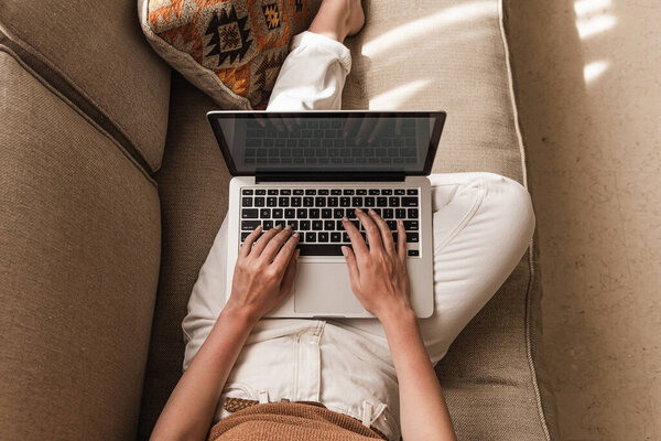 Young Woman Workin Laptop Computer Lying Couch Work Home Quarantine Royalty Free Stock Photos