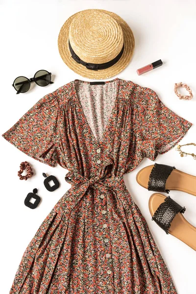 Feminino Verão Estética Moda Roupas Composição Com Sundress Chinelos Óculos — Fotografia de Stock