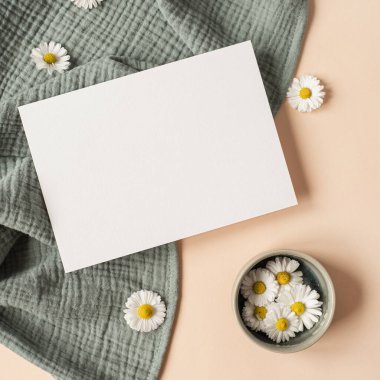 Flatlay estetik Paris tarzı davetiye şablonu. Fotokopi alanı, papatya çiçeği tomurcukları ve doğal bej arkaplanlı muslin kumaşlı boş kağıt kağıtlar. Düz yatış, üst görünüm