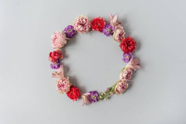 Mavi arka planda gül tomurcuklarından yapılmış bir çerçeve. Flatlay, üst manzara. Yukarıdan bak. Boşluk modellemesini kopyala.