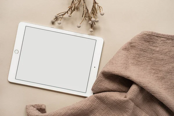 Blank Screen Tablet Pad Mockup Copy Space Dry Floral Branch — Stock Photo, Image