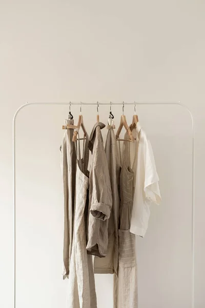 Minimal Aesthetic Fashion Clothes Concept Neutral Beige Washed Linen Female — Stock Photo, Image