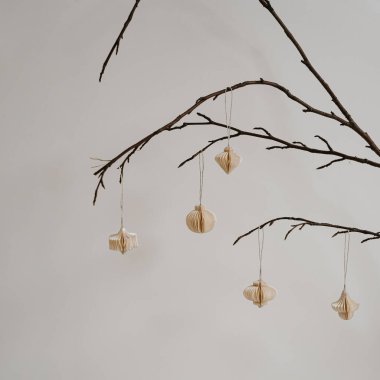 Çıplak dallardaki kağıt süslemeler. Basit Güzellik, Doğal Tarz, Tarafsız Arkaplan, Minimalist Dekor
