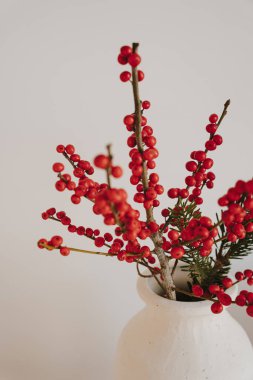 Beyaz vazoda Minimalist Arkaplan Karşıtı Kırmızı Böğürtlen Düzenleme. Mevsimlik Dekor ve Noel Tatili Konsepti