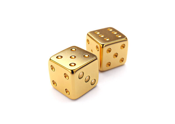 3d render of couple of Golden Dice symbol of luck isolated on a white background