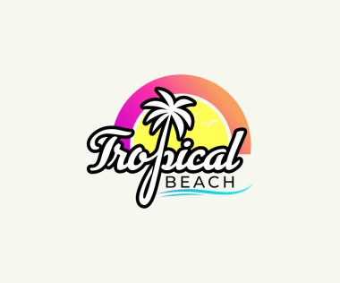 Tropik Plaj Cenneti Güneşi, Palm Ocean Vibes Yaz Tatili Logosu 