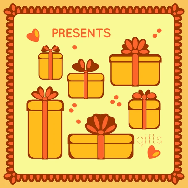 Gift boxes with bows on yellow background — Stock Vector