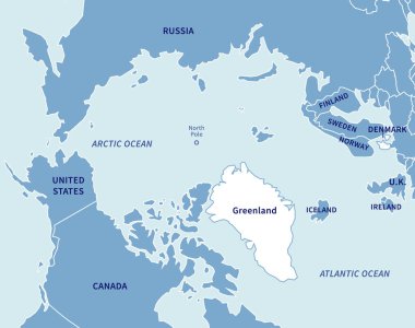 Kuzey Kutbu civarındaki ülkeler. Beyaz Grönland ile mavi renkli basit siyasi harita. Birleşik Devletler, Kanada, Rusya, İzlanda, İrlanda, İngiltere, Danimarka ve İskandinav Ülkeleri. Vektör illüstrasyonu