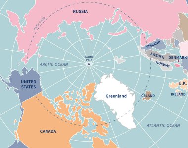 Kuzey Kutbu ve Kuzey Kutbu 'nun çevresindeki ülkeler. Politik Çokrenkli Harita. Beyaz Grönland, açık mavi okyanus. Birleşik Devletler, Kanada, Rusya, Finlandiya, Norveç, İsveç, Danimarka, İzlanda, İngiltere, İrlanda. Vektör illüstrasyonu