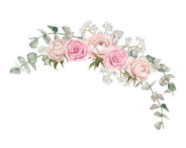 Güllü ve okaliptüslü suluboya çiçek buketi kompozisyonu