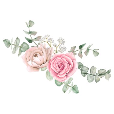 Güllü ve okaliptüslü suluboya çiçek buketi kompozisyonu