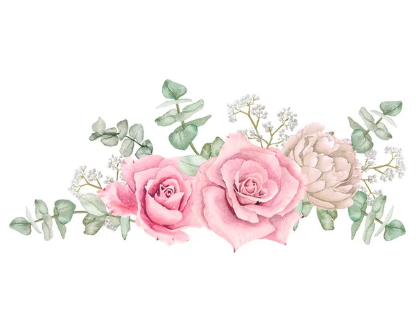 Watercolor paster floral bouquet composition with roses and eucalyptus