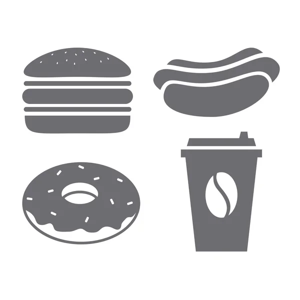 Un conjunto de iconos grises para la comida rápida. Hamburguesa. Comida rápida caliente — Vector de stock