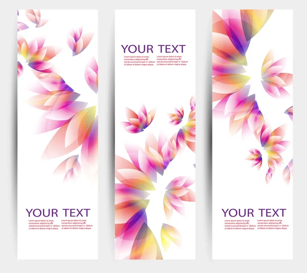 Üç afiş, renkli çiçek elemanları ile soyut üstbilgi kümesi