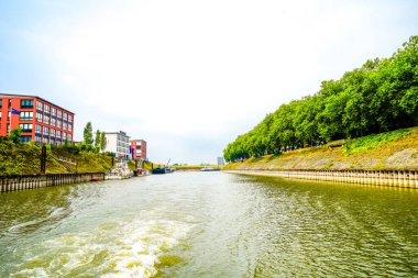 View of the surrounding area at the harbor in Duisburg. Industrial port on the Ruhr.