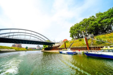 View of the surrounding area at the harbor in Duisburg. Industrial port on the Ruhr.