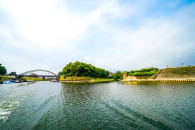 View of the surrounding area at the harbor in Duisburg. Industrial port on the Ruhr.