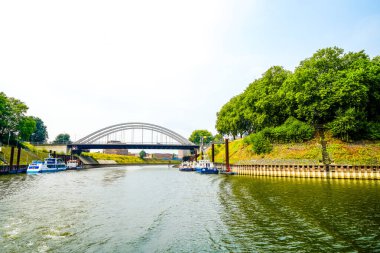 View of the surrounding area at the harbor in Duisburg. Industrial port on the Ruhr.