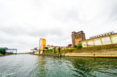 View of the surrounding area at the harbor in Duisburg. Industrial port on the Ruhr.