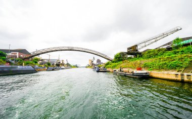View of the surrounding area at the harbor in Duisburg. Industrial port on the Ruhr.