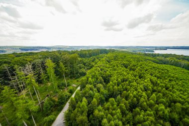 Çevredeki yeşil manzaranın Moehnesee 'deki gözlem kulesinden görüntü. Moehnesee 'de Doğa.