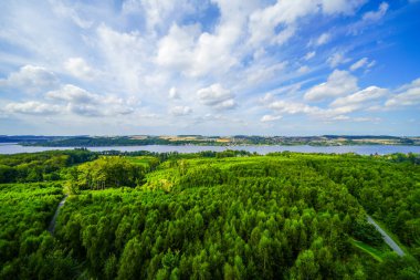 Çevredeki yeşil manzaranın Moehnesee 'deki gözlem kulesinden görüntü. Moehnesee 'de Doğa.