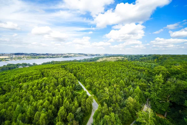 Çevredeki yeşil manzaranın Moehnesee 'deki gözlem kulesinden görüntü. Moehnesee 'de Doğa.