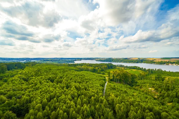 Çevredeki yeşil manzaranın Moehnesee 'deki gözlem kulesinden görüntü. Moehnesee 'de Doğa.
