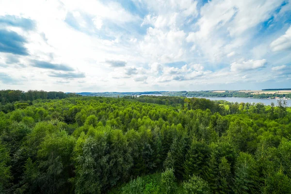Çevredeki yeşil manzaranın Moehnesee 'deki gözlem kulesinden görüntü. Moehnesee 'de Doğa.