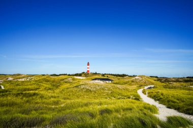 Kuzey Frizya adası Amrum 'daki kum tepelerinin manzarası. Kuzeyde manzara var. Kuzey Denizi adasında deniz feneri olan bir doğa..