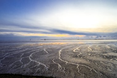 Akşamları Dagebuell yakınlarındaki manzara. Kuzey Denizi kıyısındaki doğa.