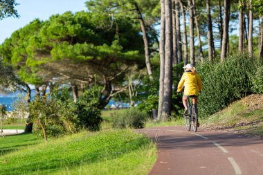 Bisiklet süren kişi bisiklet yolunda güneşli bir günde