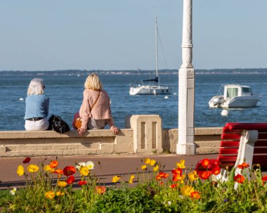 Güneşli bir günde kumsalda bankta oturan yaşlı bir kadının arka görüntüsü.