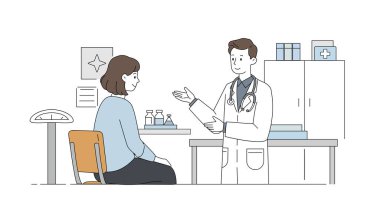 Minimalist düz stil dijital sanat eserleri beyaz önlüklü bir erkek doktoru sandalyeye oturan bir kadın hastaya sonuçları açıklarken gösteriyor. Sakin, modern bir klinikte profesyonel sağlık hizmetleri randevusu, konsültasyon ve sağlık kontrolü sahnesi